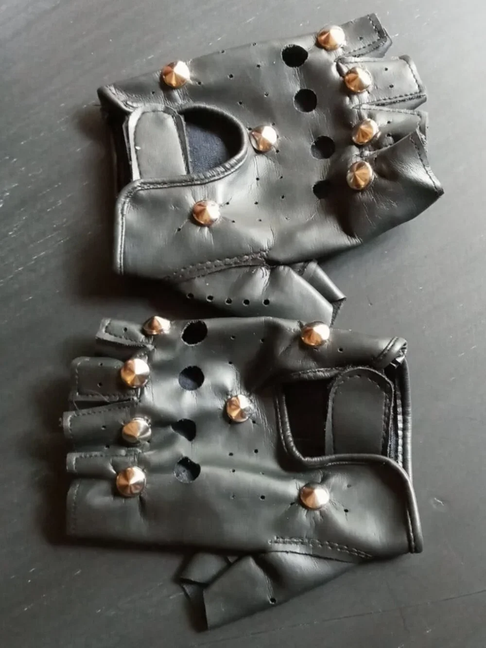 Bad to the Bone Punk Rock Studded Fingerless Black Faux Leather Gloves Costume